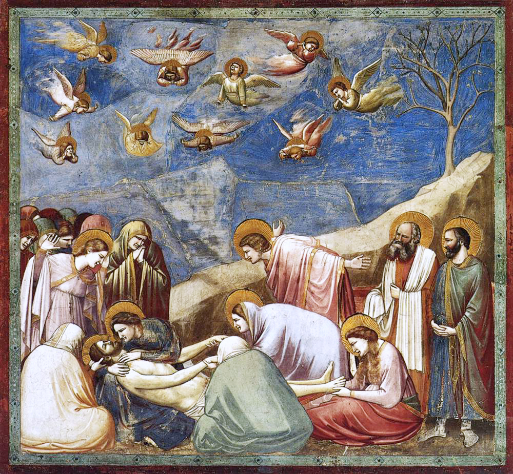 Mourners bend over the dead Christ beneath a sloping rock, while angels grieve in the blue sky