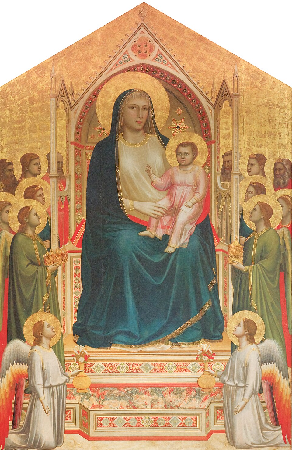 The Virgin and Child sit on a tall Gothic throne, surrounded by angels and saints on a gold ground