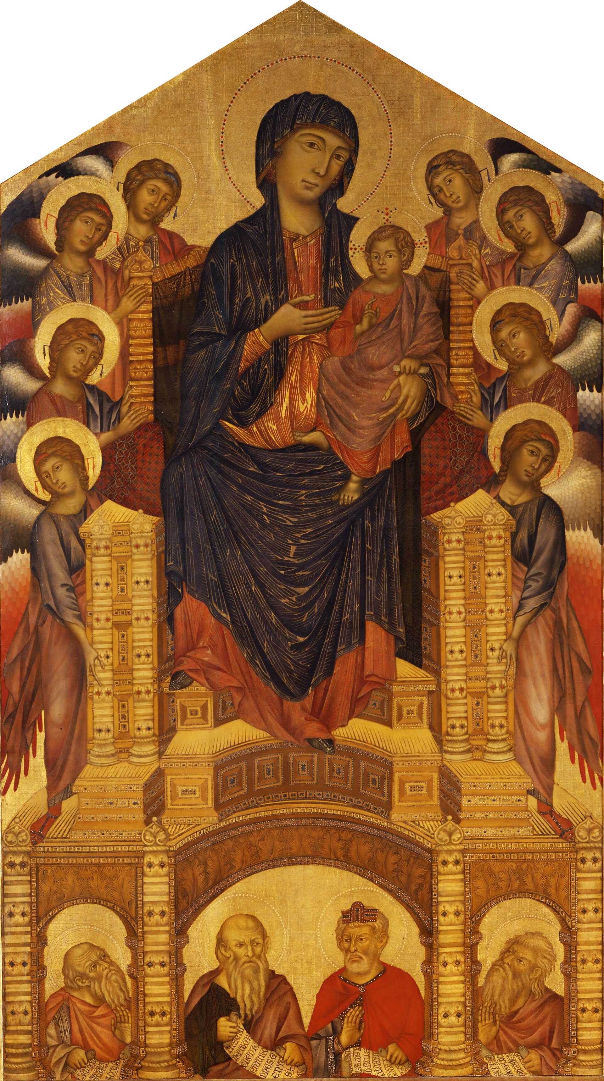 The Virgin and Child enthroned among angels above four prophets