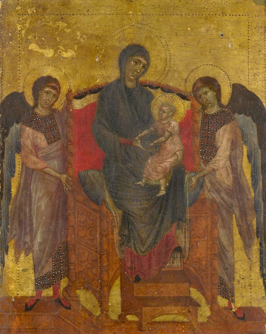 The Virgin and Child seated between two standing angels on a gold ground